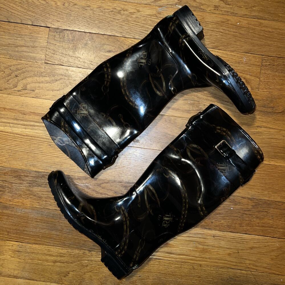Polo Ralph Lauren Esquestrian Bridle Print Black Wellie Boots Women Size 9 RARE!